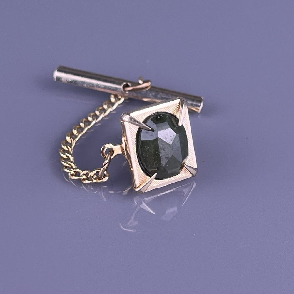 Dark Green Onyx Tie Tack Pin Gold Plated Faceted Oval Swank Vintage
